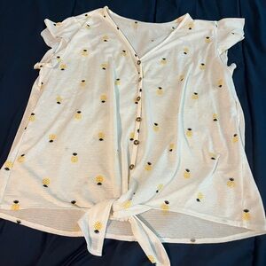 White Pineapple Print Button-Down Top